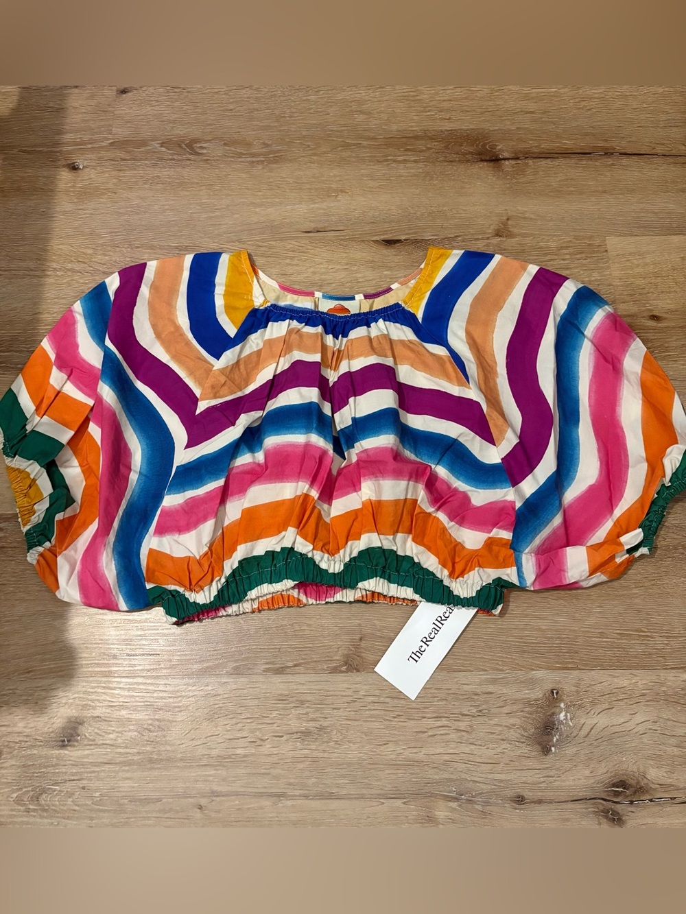 Farm Rio Dancing Stripes Crop Puff Sleeve 100% Cotton Blouse Multicolored - Picture 2 of 13